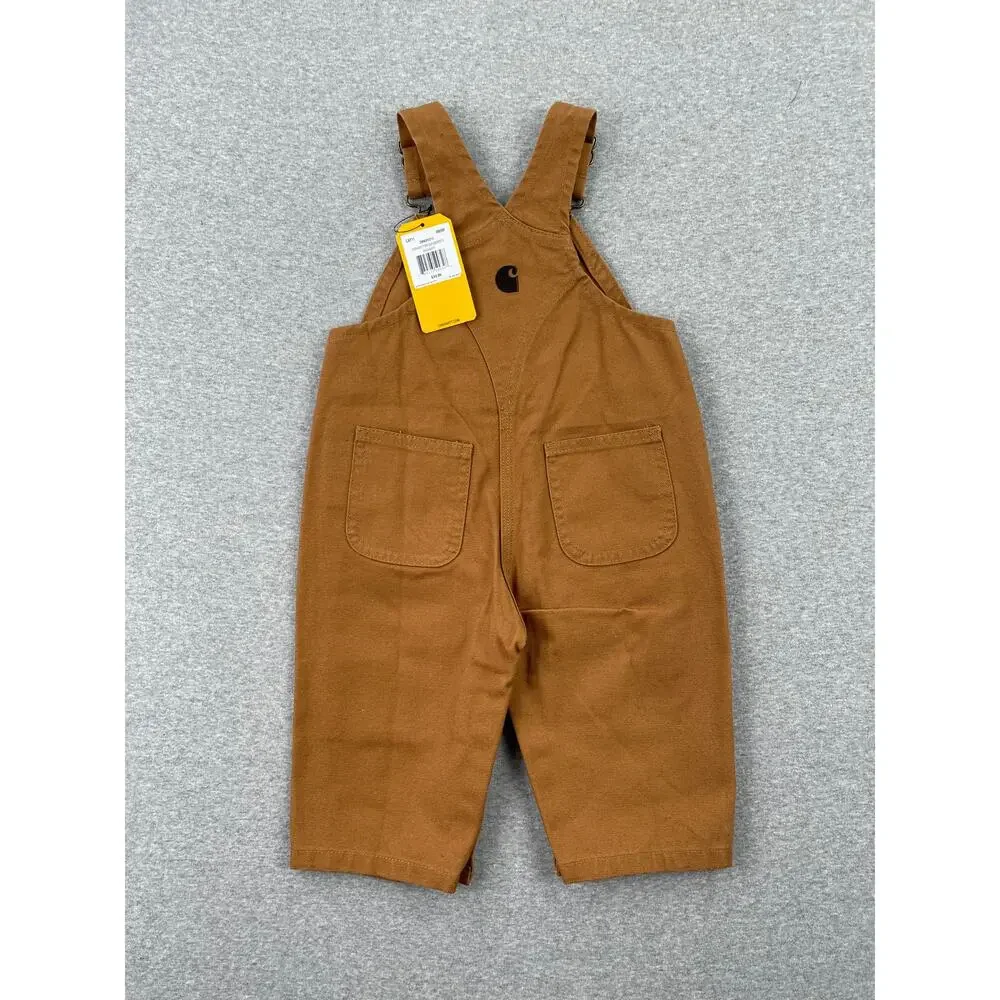Carhartt Baby Canvas Bib Overalls 6M Brown 100% Cotton Leg Snaps Pocket Patch
